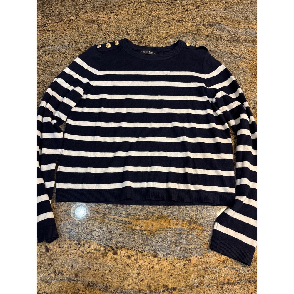 Emerson Lang Navy Blue White Striped Shoulder Button Sweater Large Nautical Knit